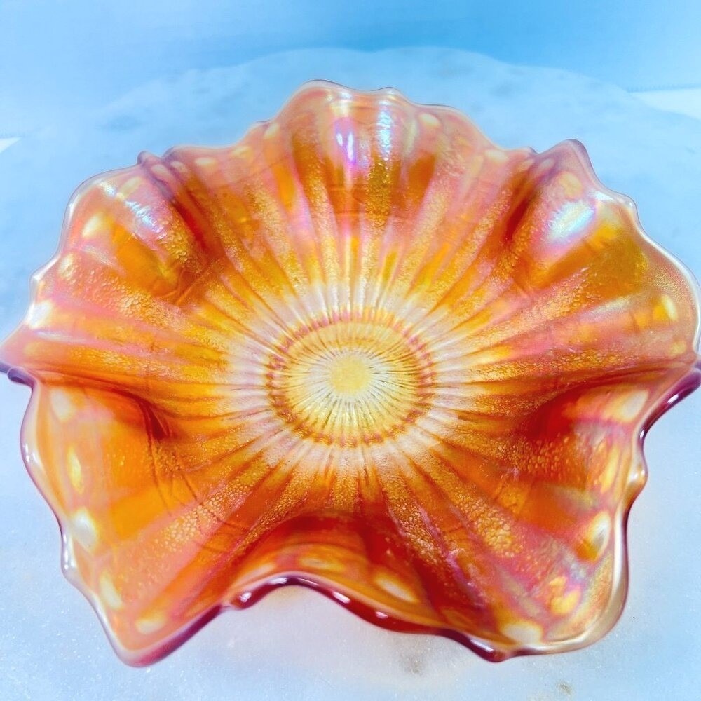 Vtg Fenton Carnival Glass Marigold Sunburst Bowl Ruffled‎ Edge Iridescent READ